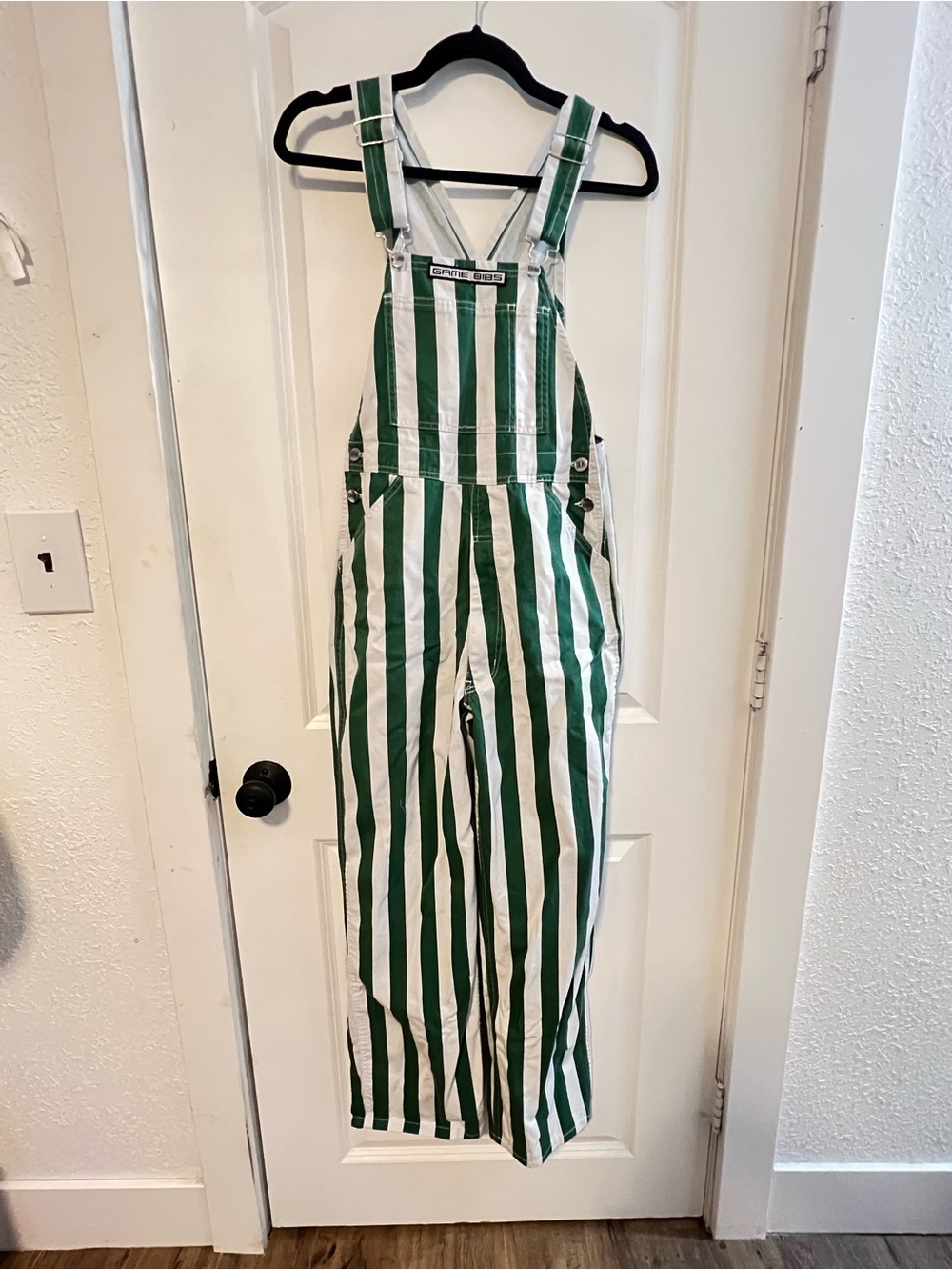 Game Bibs Green and White Striped Overalls